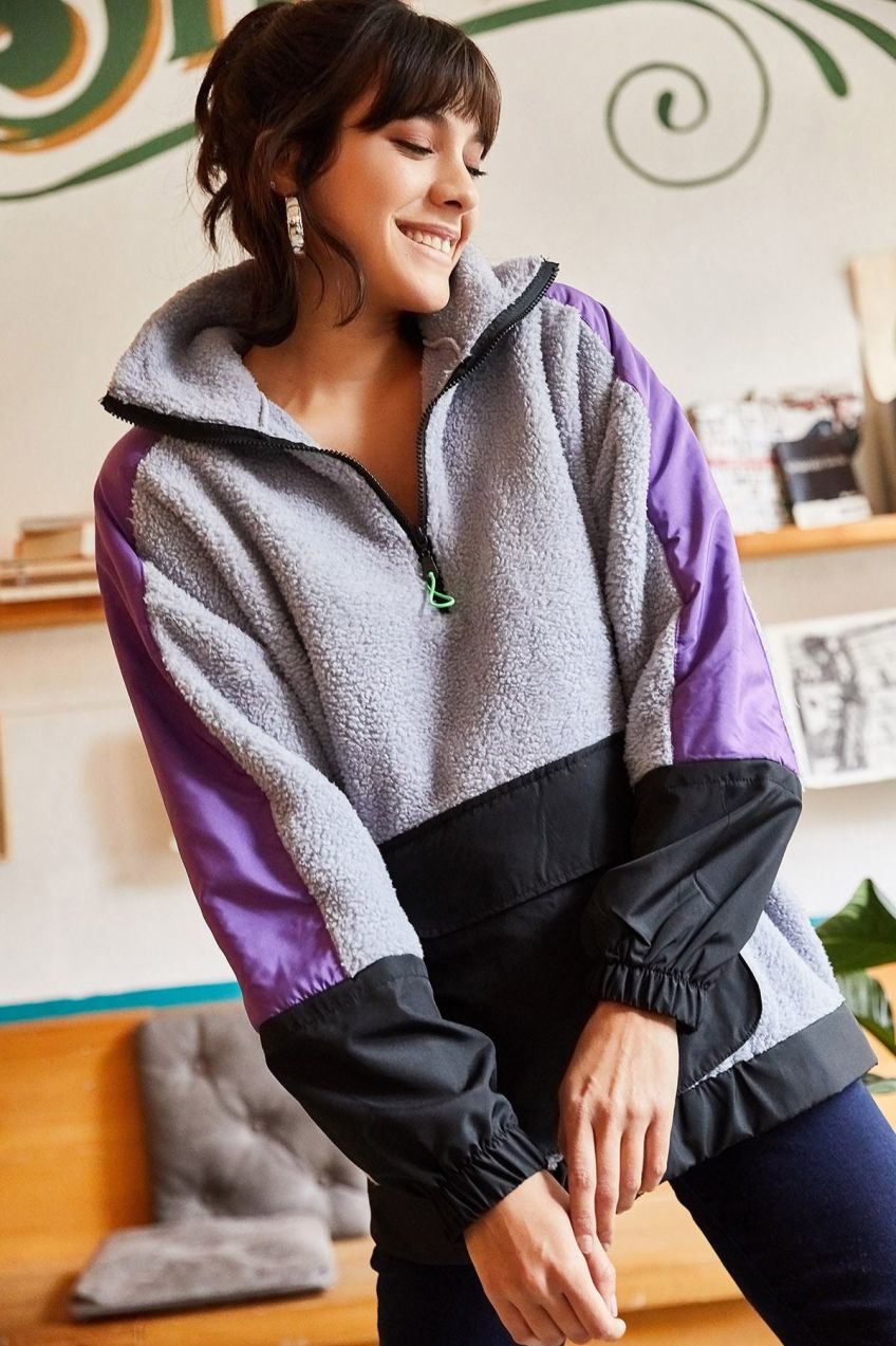 Olalook Women's Lilac Zipper Oversize Plush Sweatshirt