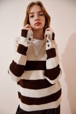 Happiness İstanbul Women's Cream Brown Zippered Turtleneck Striped Knitwear Sweater