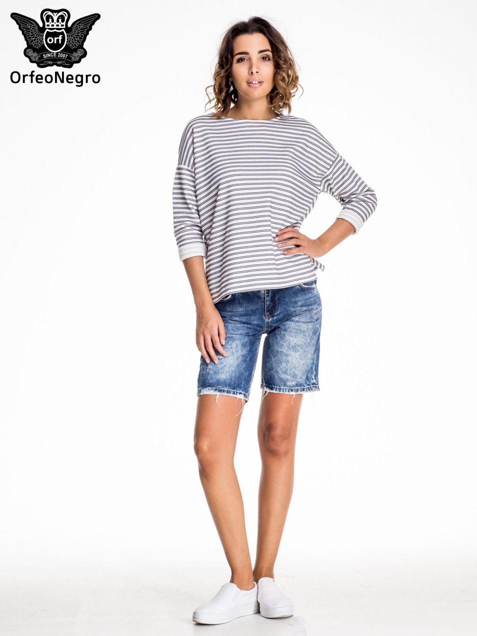 Blue denim shorts with long legs