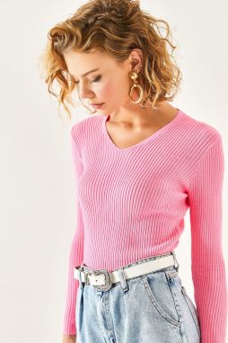 Olalook Women's Pink V-Neck Ribbed Lycra Knitwear Blouse