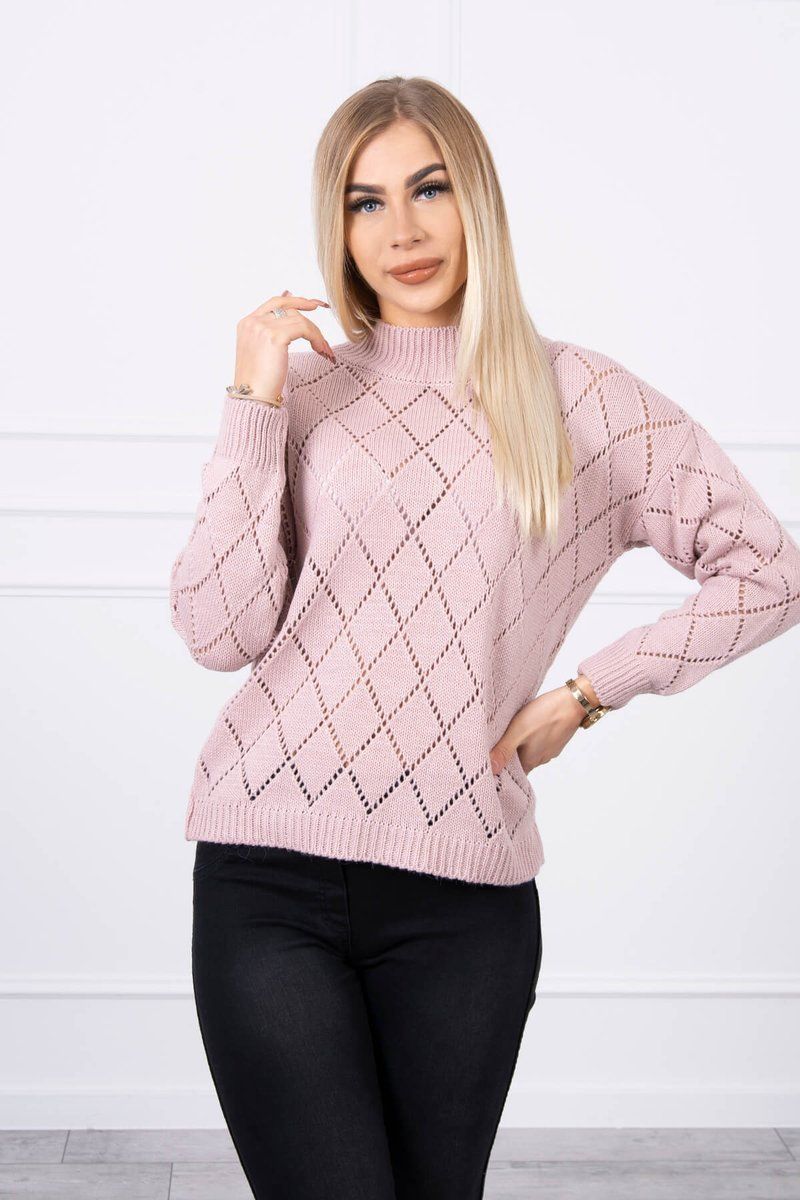 High-neckline sweater with powder pink diamond pattern
