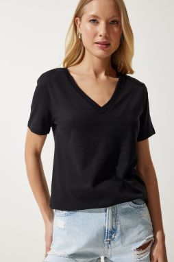 Happiness İstanbul Women's Black V-Neck Modal Knitted T-Shirt
