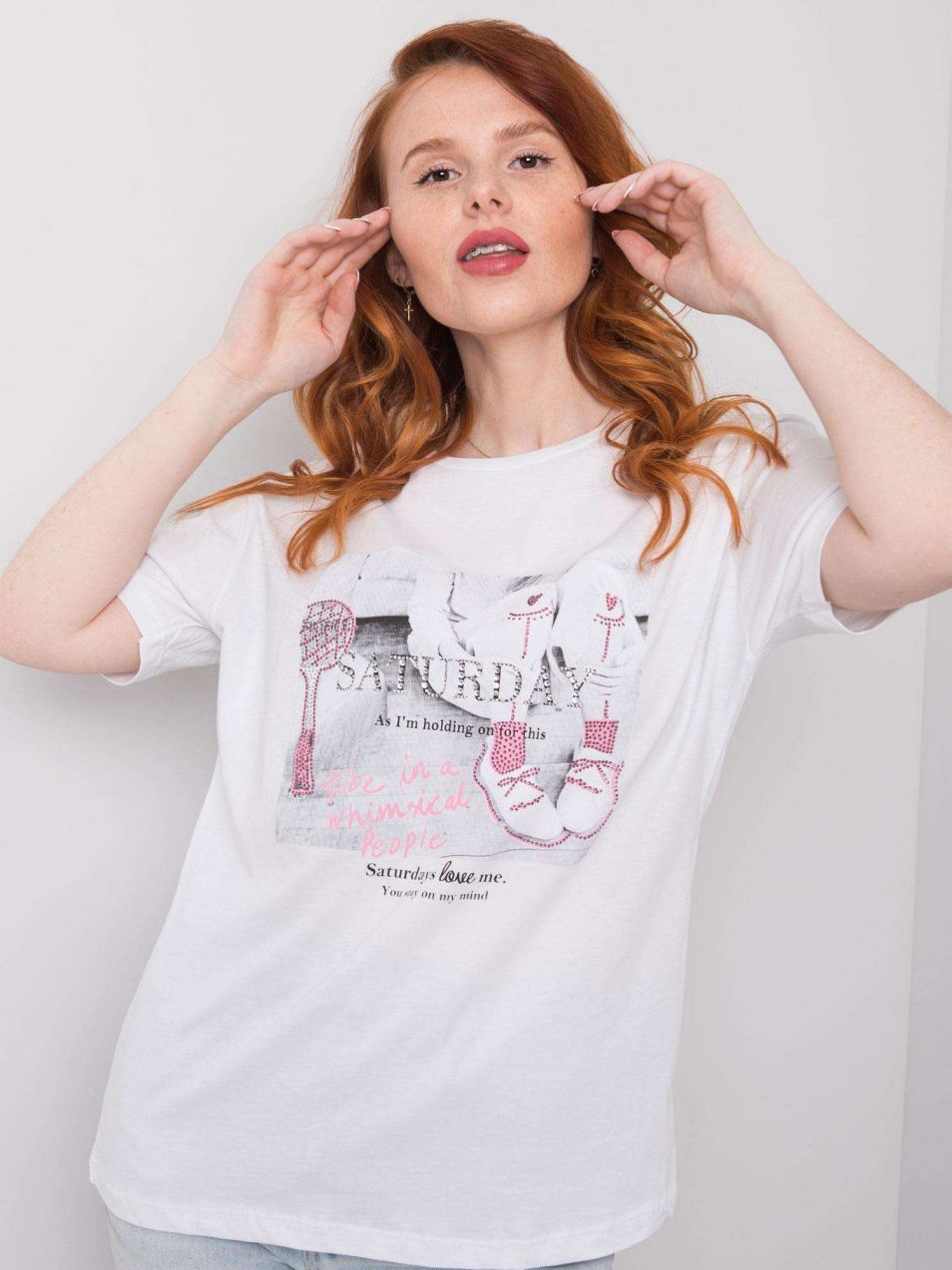 Women's white T-shirt with rhinestones