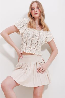 Trend Alaçatı Stili Women's Cream Square Neck Openwork Knitwear Blouse