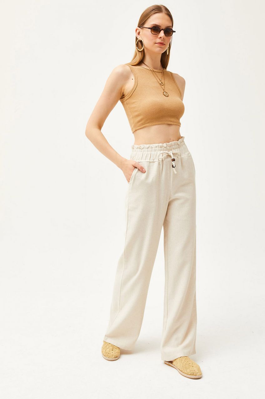 Olalook Women's Stone Pocket Elastic Waist High Waist Linen Trousers