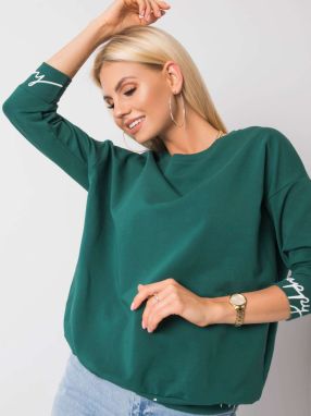 Dark green sweatshirt with lettering on the cuffs