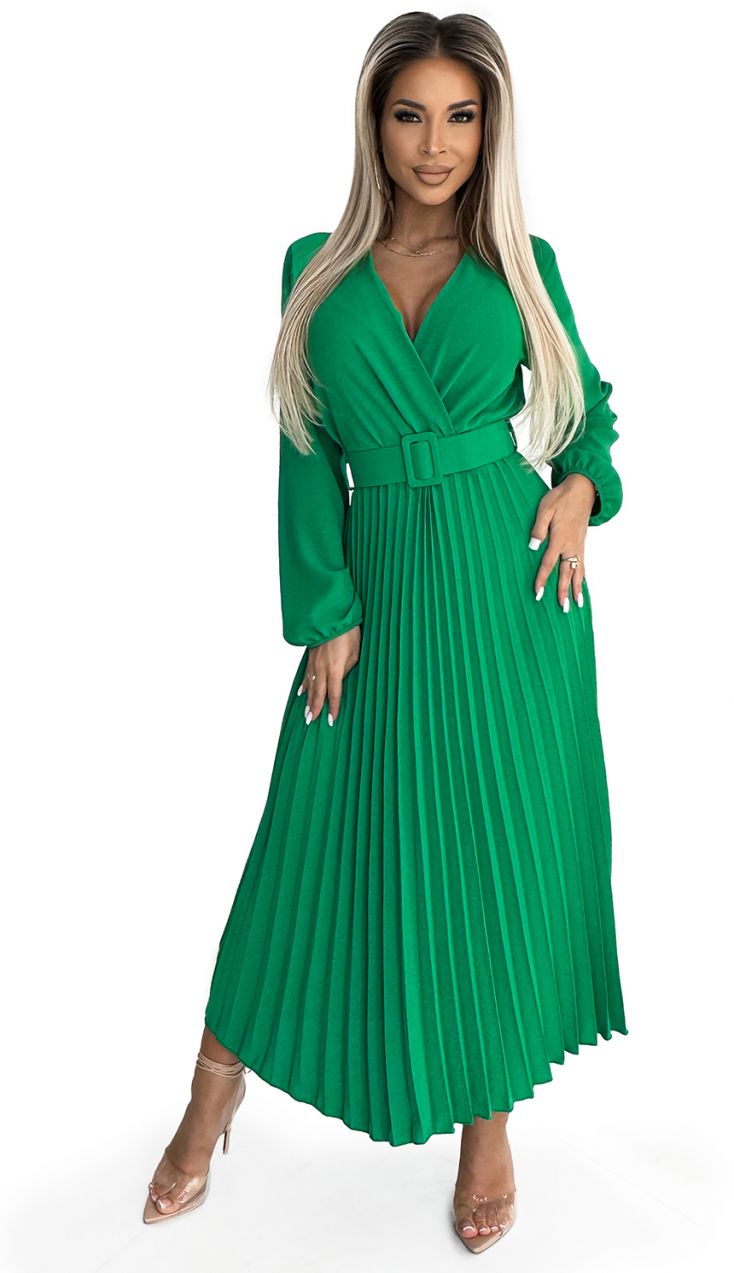 Pleated midi dress with a neckline, long sleeves and a wide Numoco belt