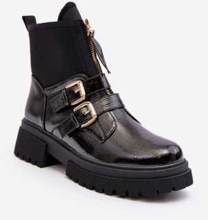 Women's patent leather boots with flat heels, black Rellisa