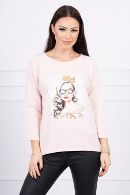 Blouse with graphics of a girl in glasses 3D powder pink