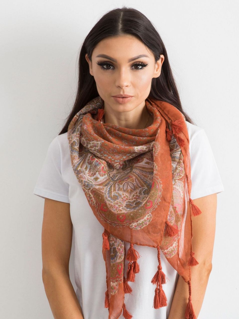 Light brown scarf with tassels and print