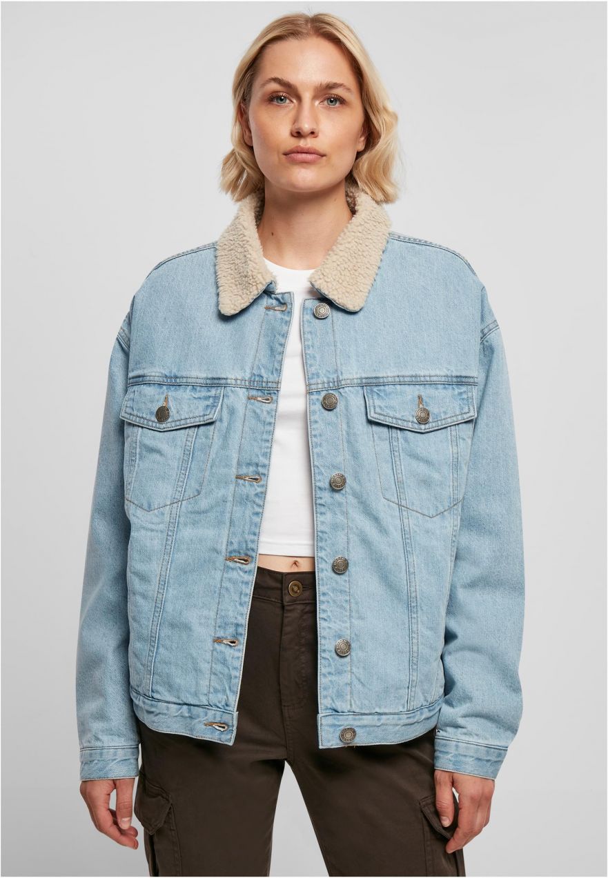 Women's Oversized Denim Jacket Sherpa Clear Blue Bleached