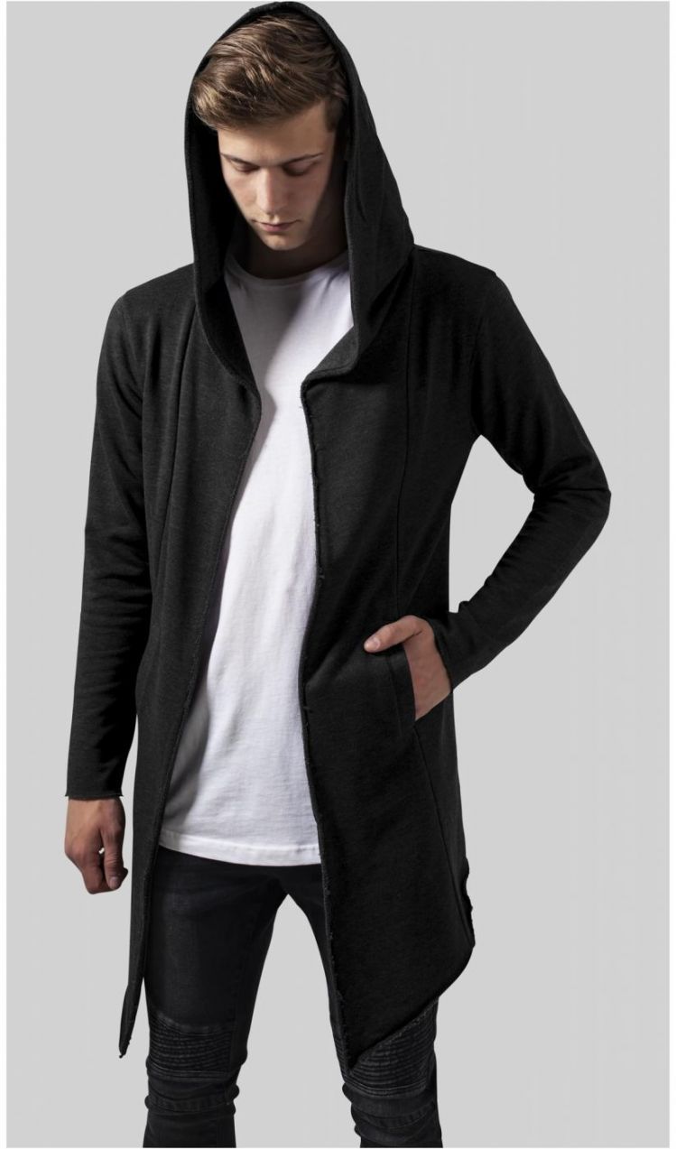 Cardigan with a long hood and an open brim