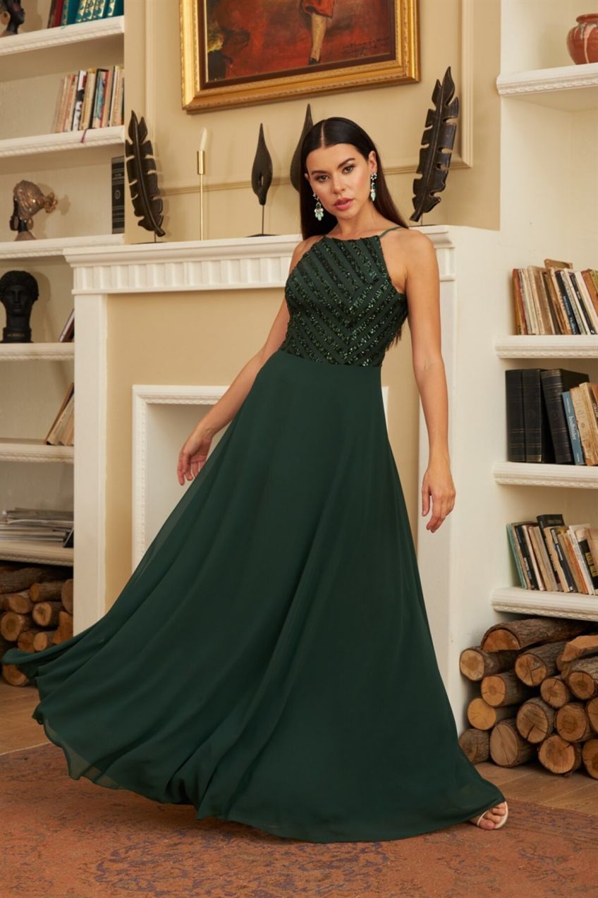 Dlhé večerné šaty Carmen Emerald s flitrami