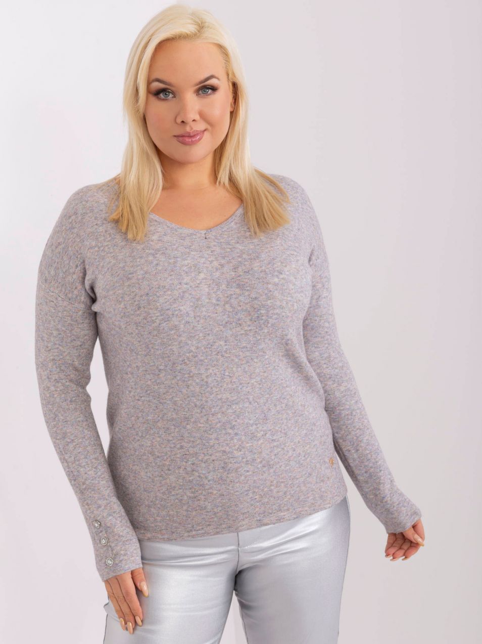 Gray melange sweater with a neckline