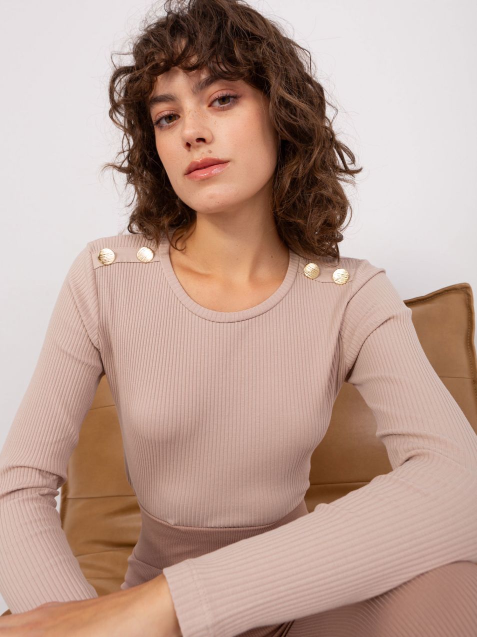 Beige women's basic blouse with long sleeves BASIC FEEL GOOD