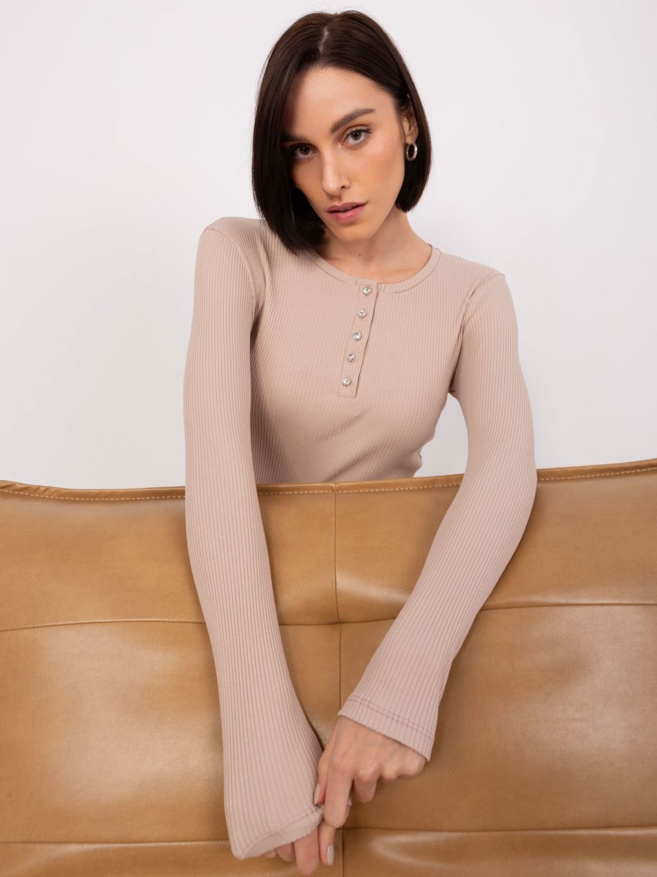 Beige blouse with a round neckline BASIC FEEL GOOD
