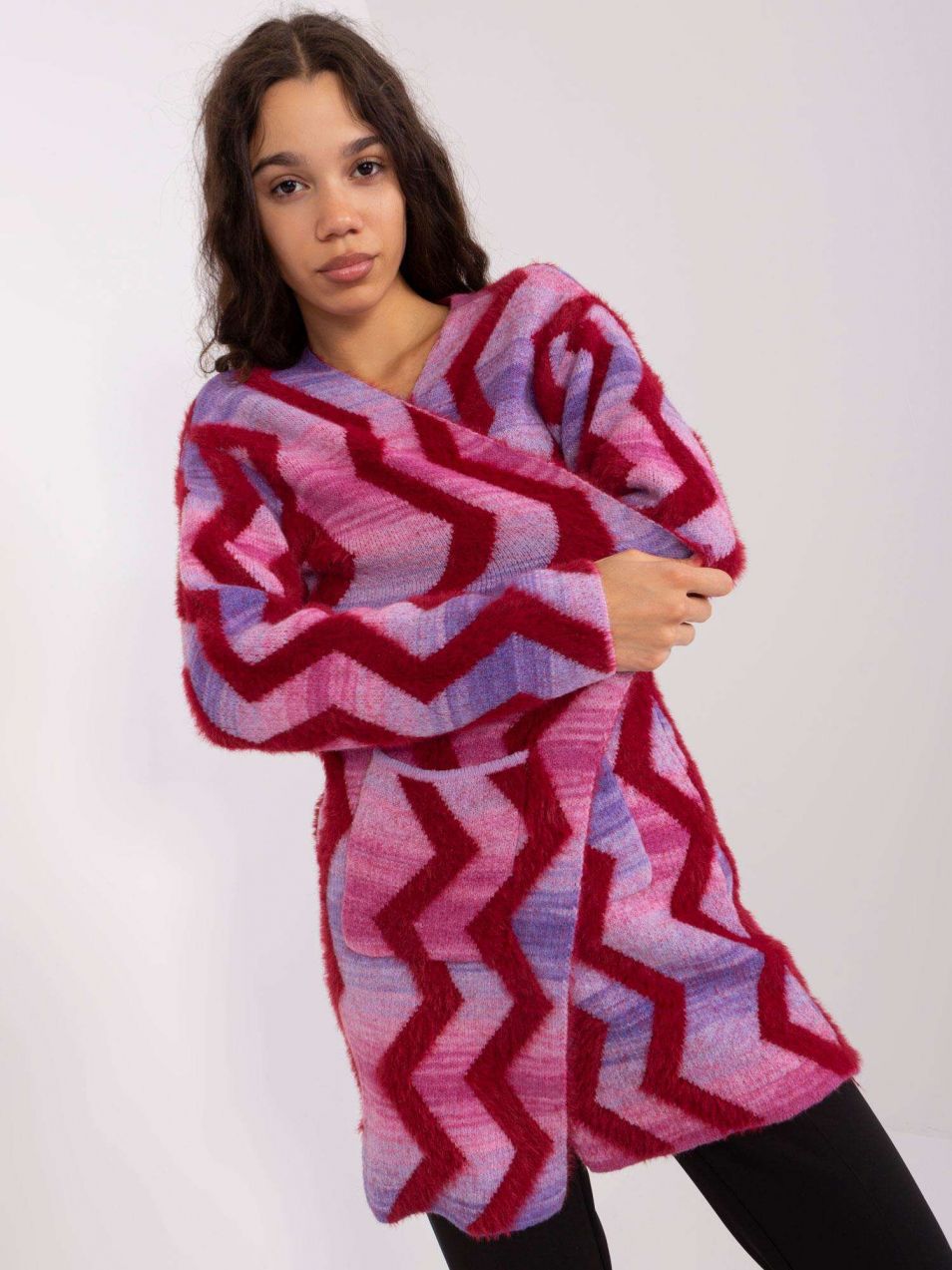Pink cardigan with geometric patterns