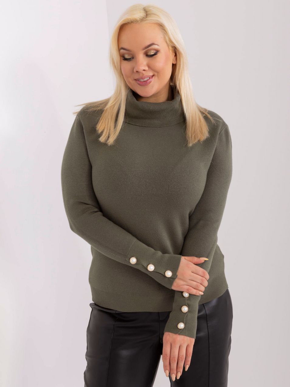 Khaki women's sweater with ribbed turtleneck plus size