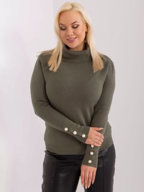 Khaki women's sweater with ribbed turtleneck plus size