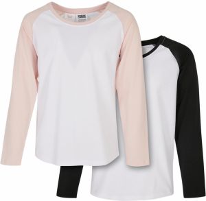 Girls' Contrasting Raglan Long Sleeves 2-Pack White/Pink+White/Black