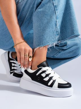 Black and white women's sneakers with thick sole Shelvt