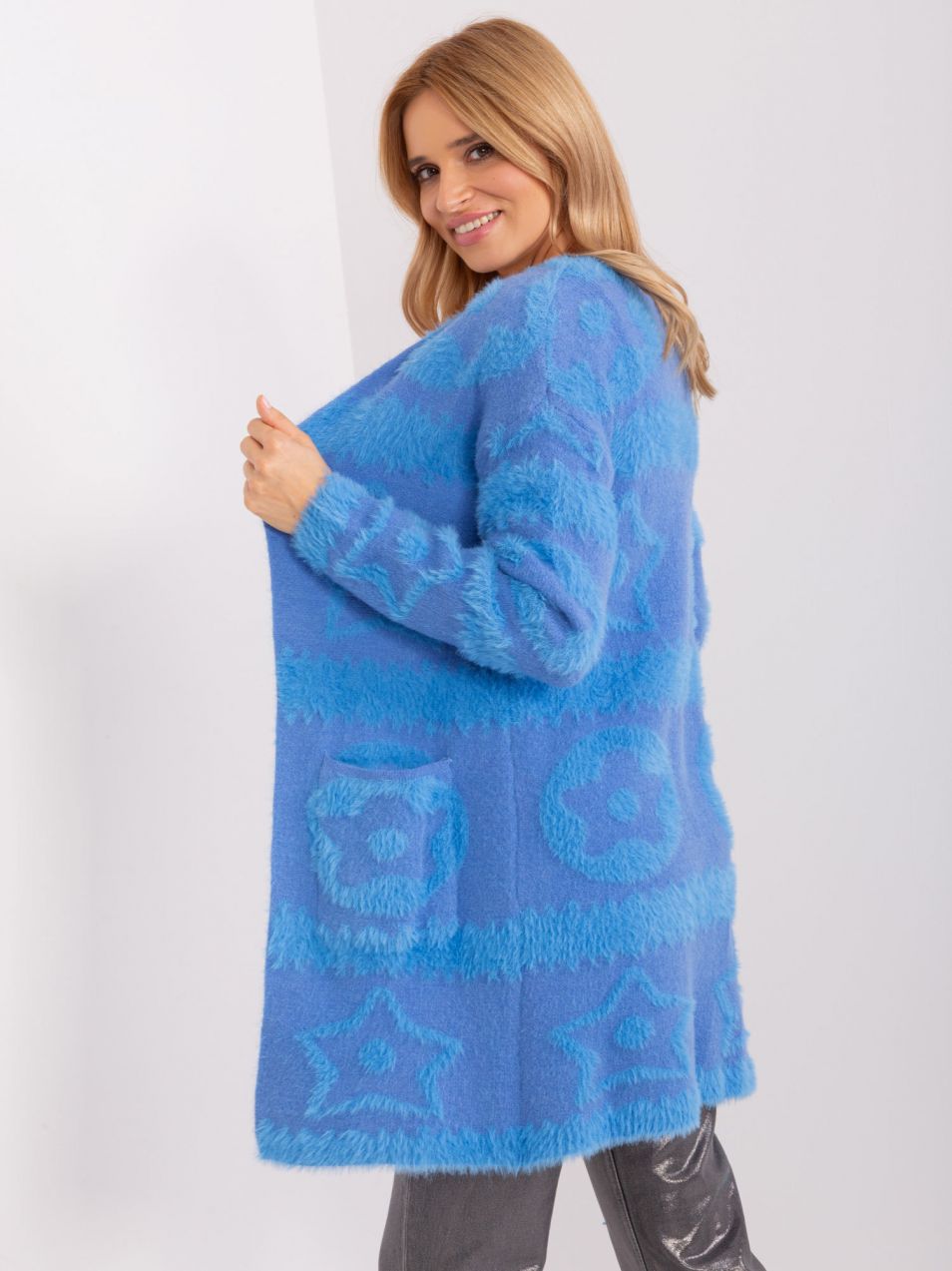 Blue women's cardigan with patterns