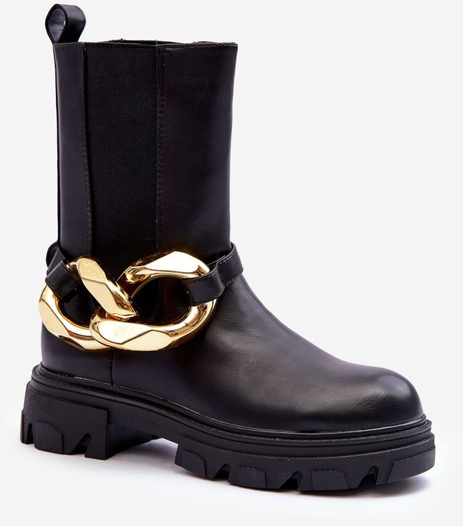 Modern leather shoes slim with chain black Cambisols