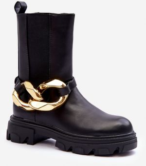 Modern leather shoes slim with chain black Cambisols