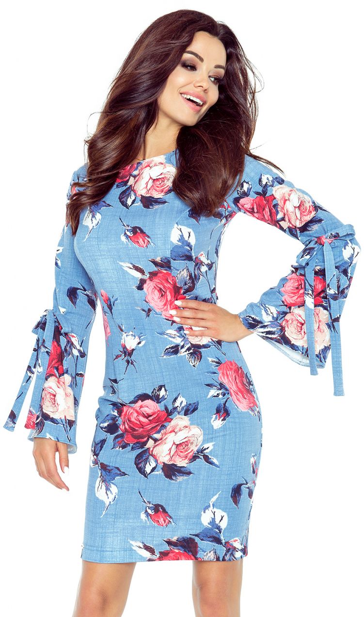 Dress with flared sleeves with tying Bergamo - large red roses on denim