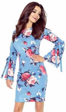 Dress with flared sleeves with tying Bergamo - large red roses on denim