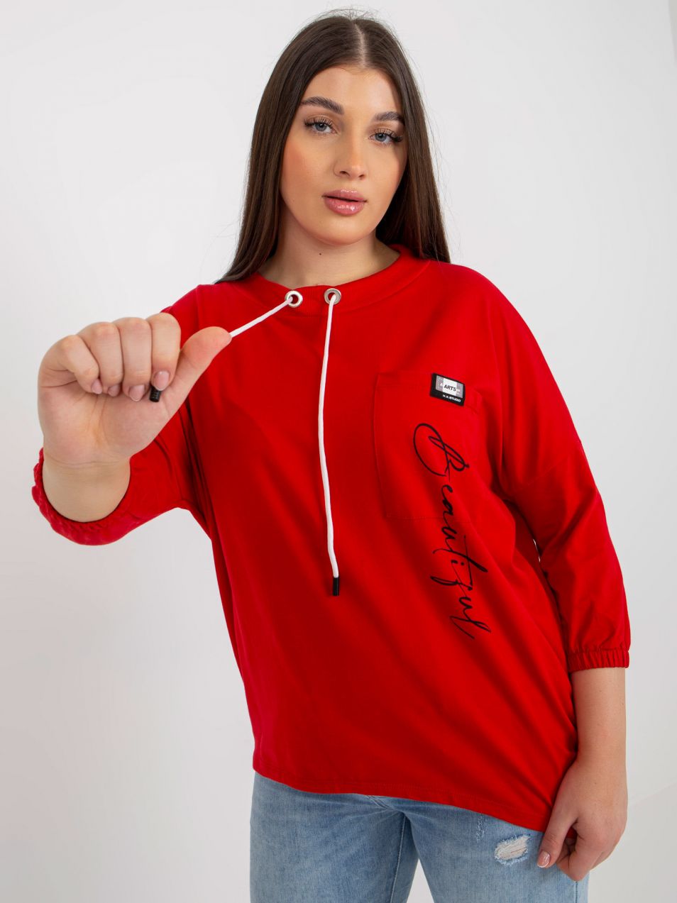 Red asymmetrical plus size blouse with inscription