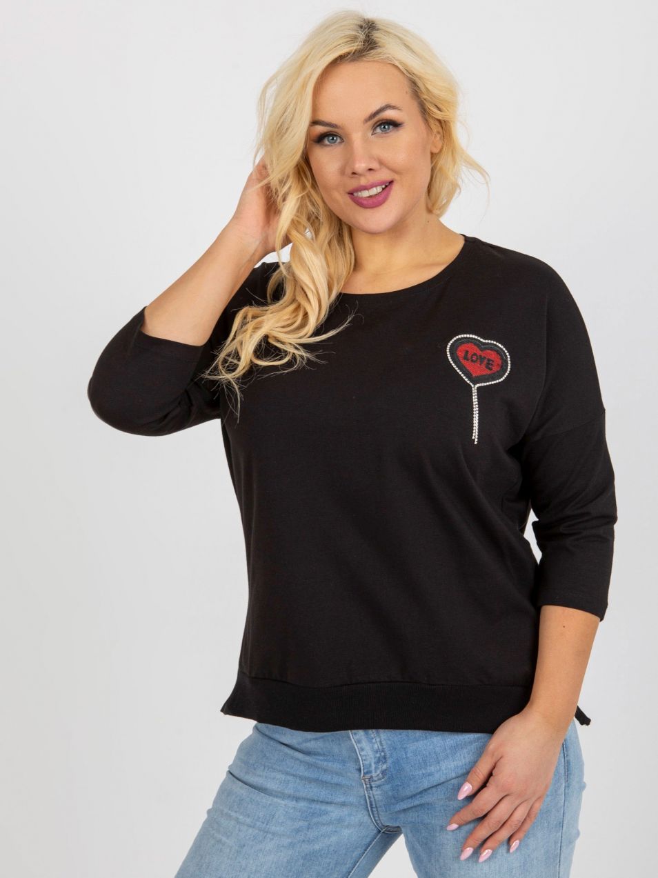 Black oversized blouse with 3/4 sleeves and application