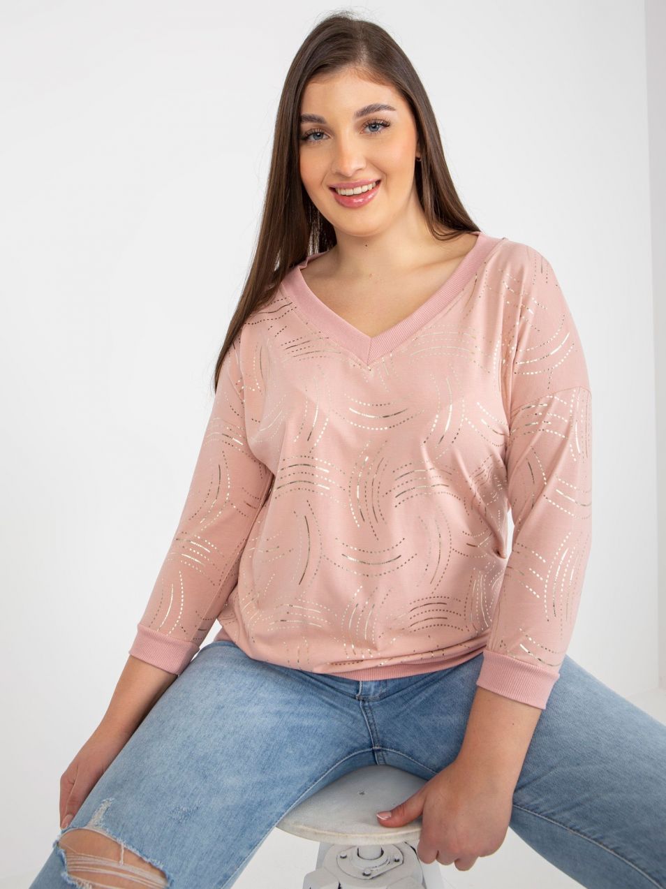 Light pink women's blouse plus size with 3/4 sleeves