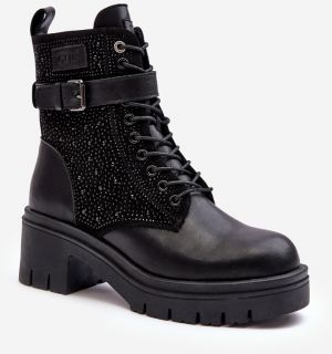 Leather work ankle boots decorated with rhinestones GOE Black