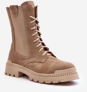 Suede Women's Lace-up Work Boots Beige Nicole