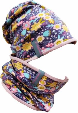 Cotton cap + neck warmer / purple flowers