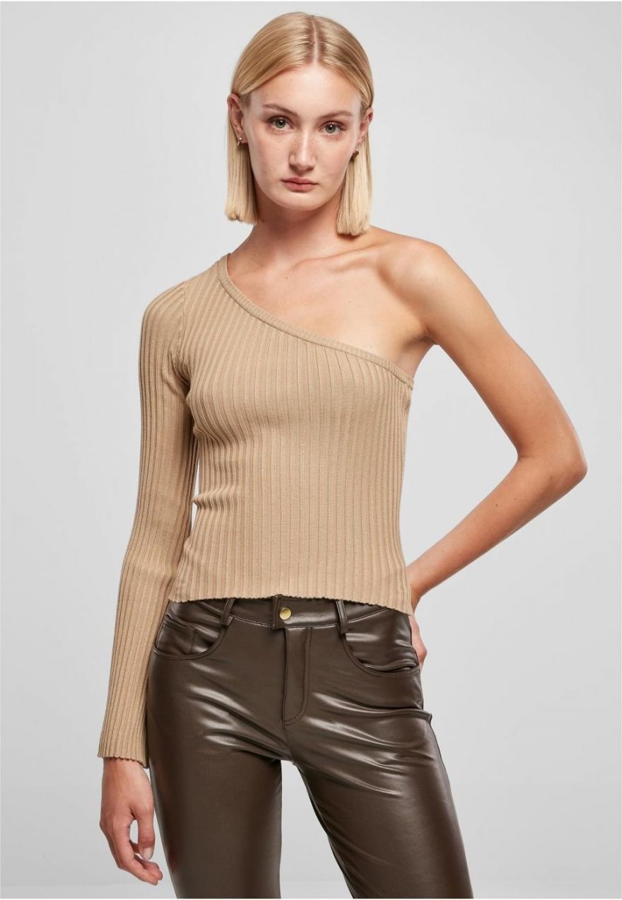 Women's sweater with short rib knit with one sleeves unionbeige