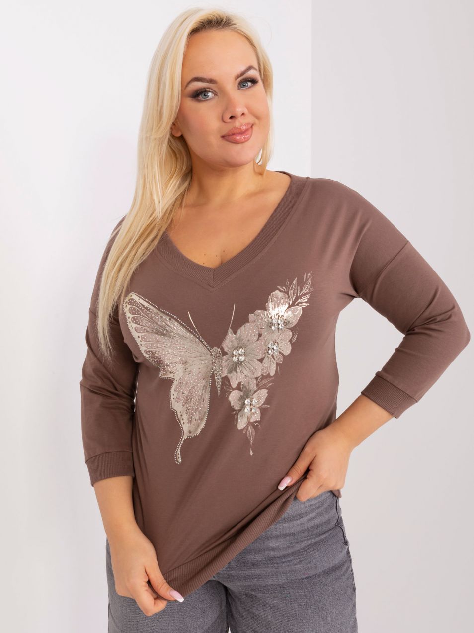 Brown casual plus size blouse with patches