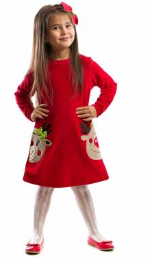 Denokids červené vianočné šaty zamatové s motívom dvoch jeleňov pre dievčatá