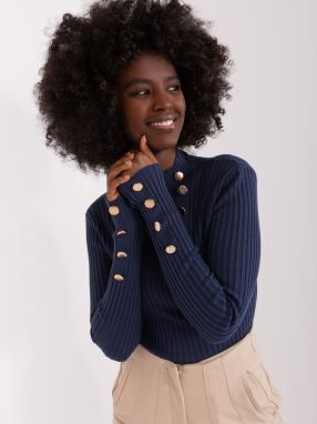 Navy blue fitted sweater with gold buttons
