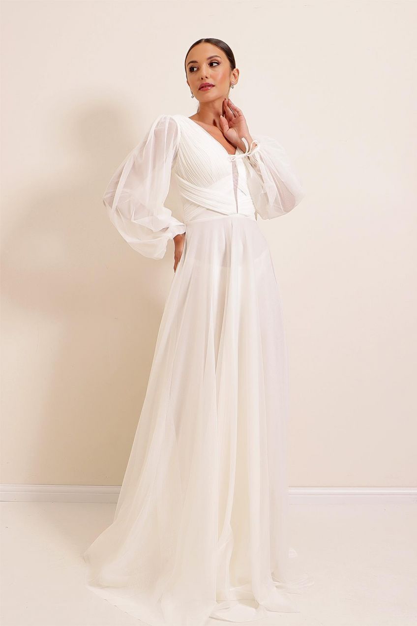 Saygı Front Back V-Neck Balloon Sleeve Long Tulle Dress