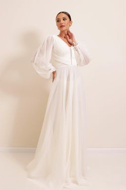 Saygı Front Back V-Neck Balloon Sleeve Long Tulle Dress