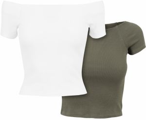 Women's T-Shirt Off Shoulder Rib Tee 2-Pack White+Olive
