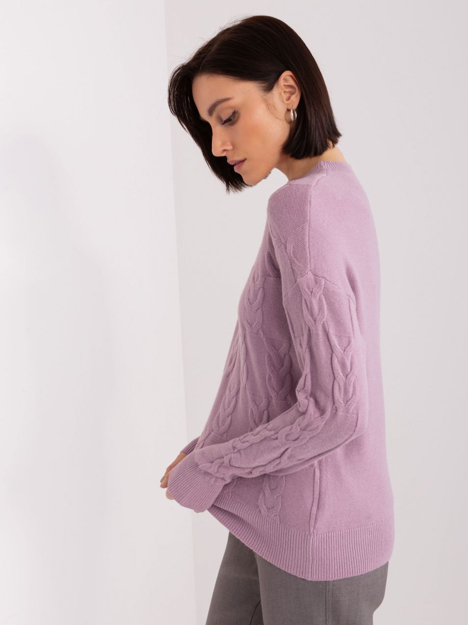 Purple women's sweater with cables and long sleeves
