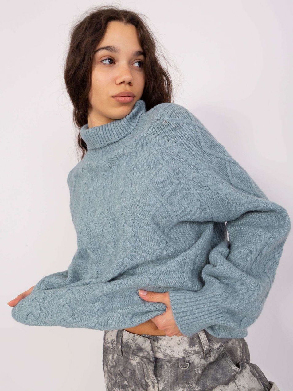 Dark mint sweater with cables and turtleneck