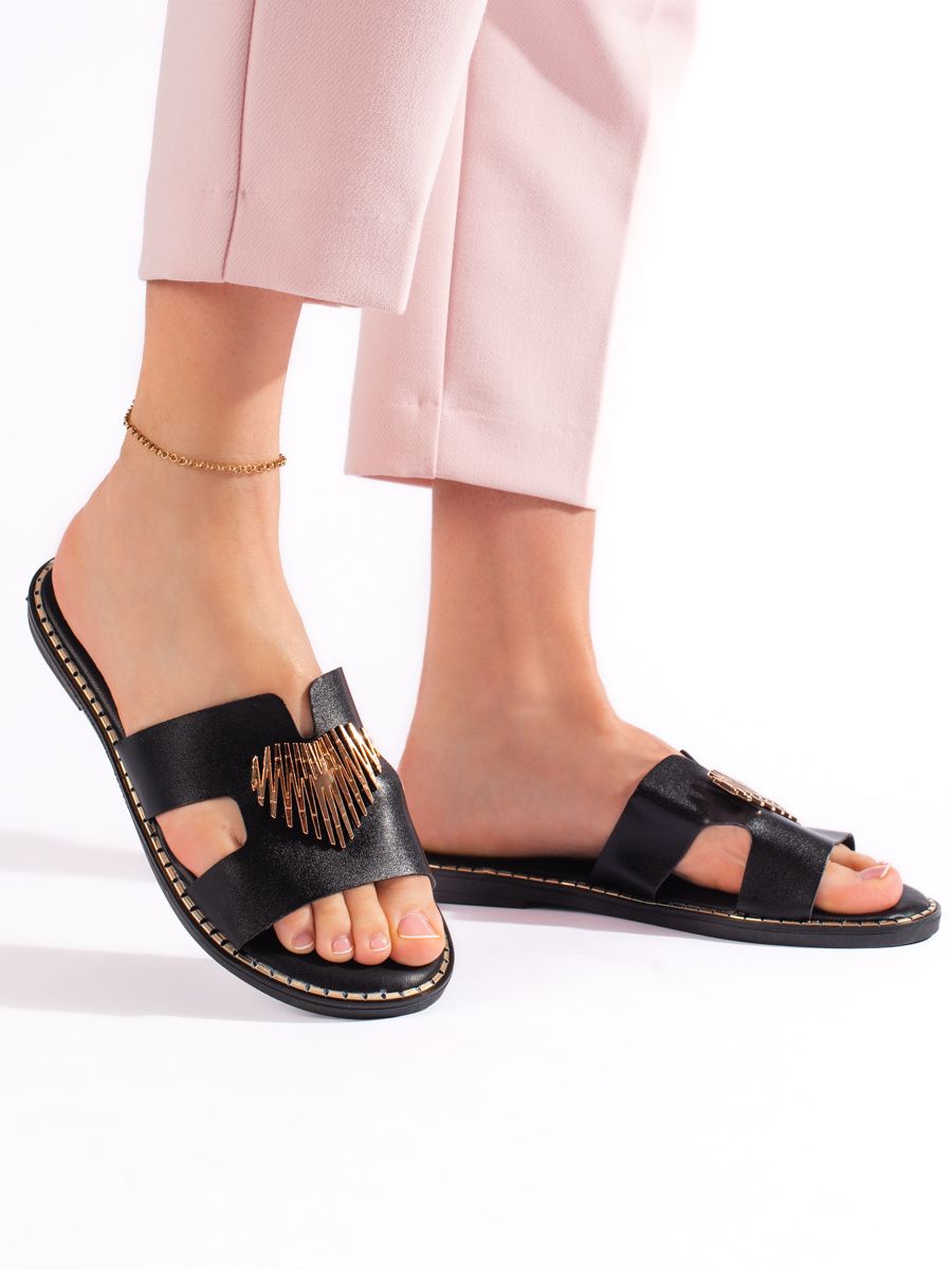 Shelvt Women's Black Flat Flip Flops