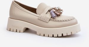 Women's leather loafers with fringes CheBello beige