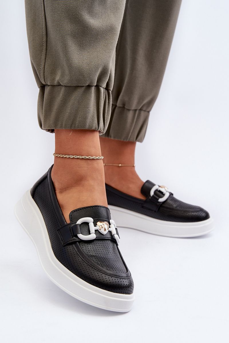 Women's leather loafers with platform, black, S.Barski