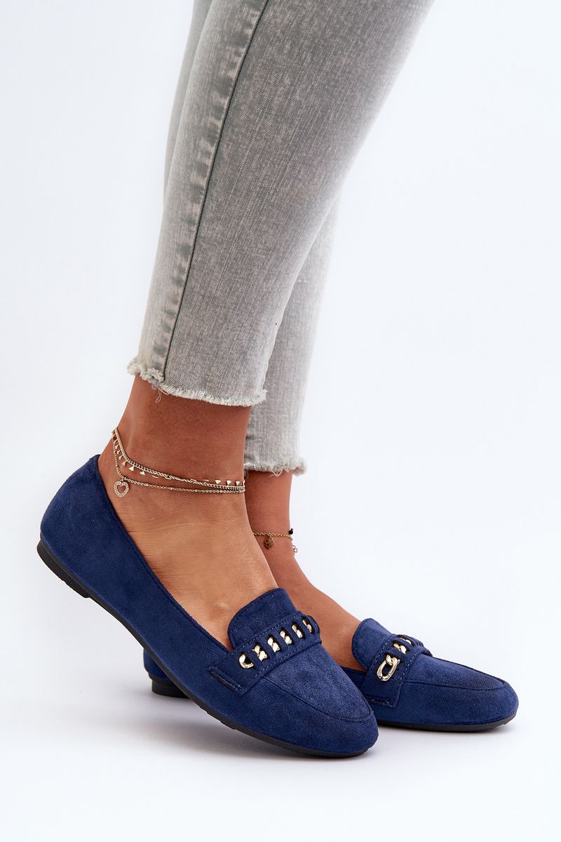Shiny women's loafers with chain, navy blue Aredilla