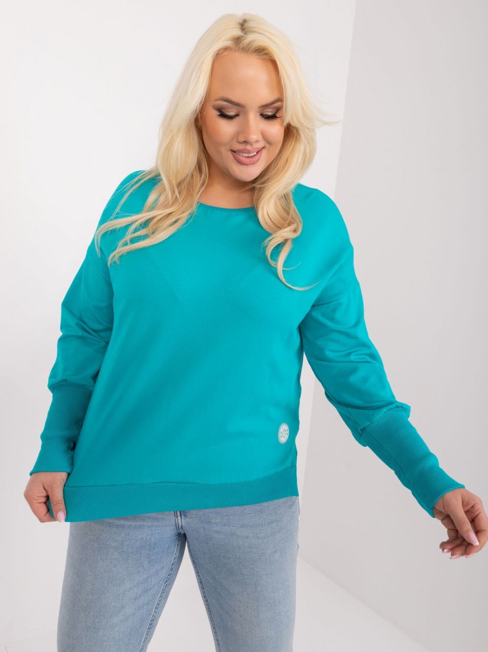 Turquoise plus-size cotton blouse with slits